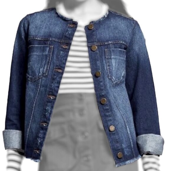 WhoWhatWear Raw Hem Fray Edge Distressed Denim Jacket - Picture 1 of 9